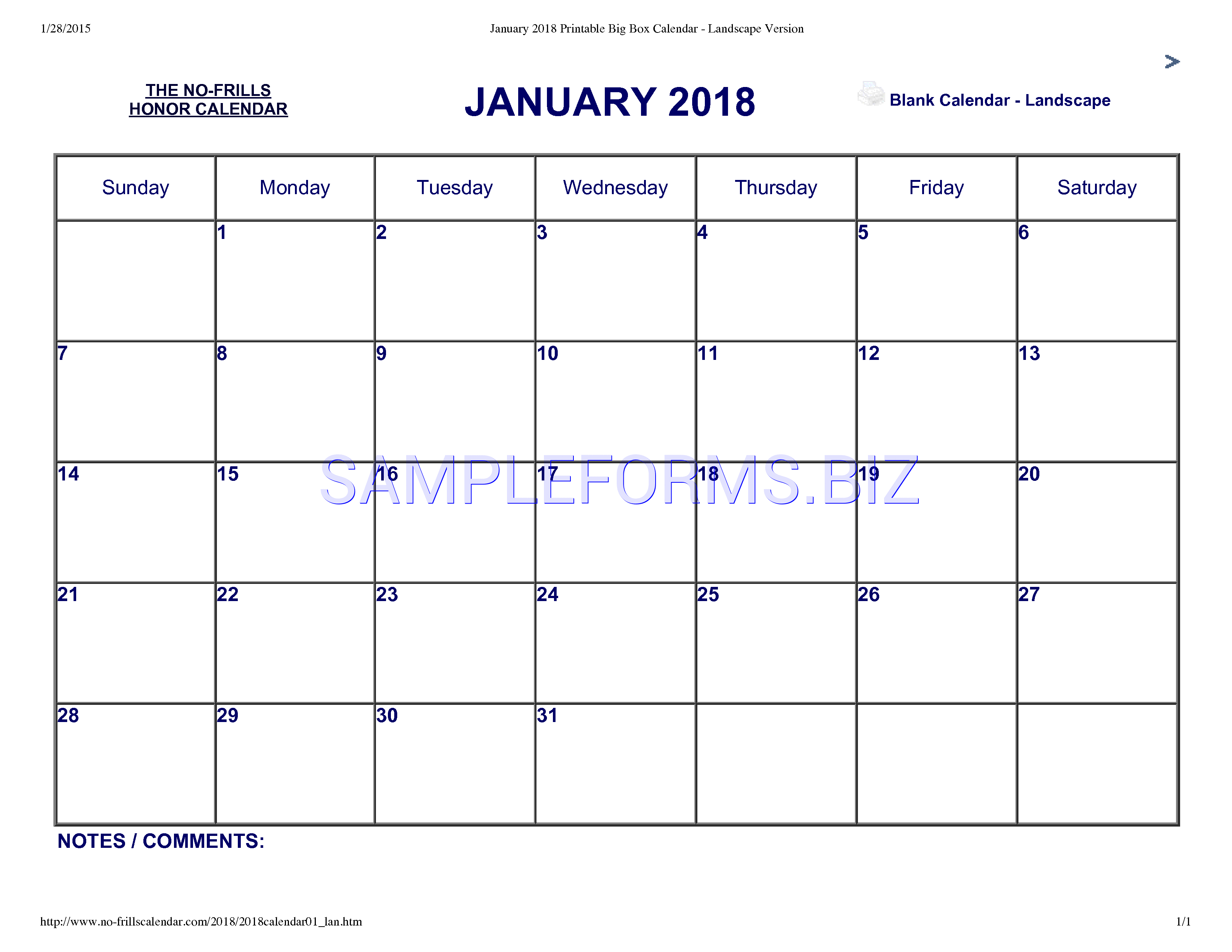 Preview free downloadable January 2018 Calendar 2 in PDF (page 1)